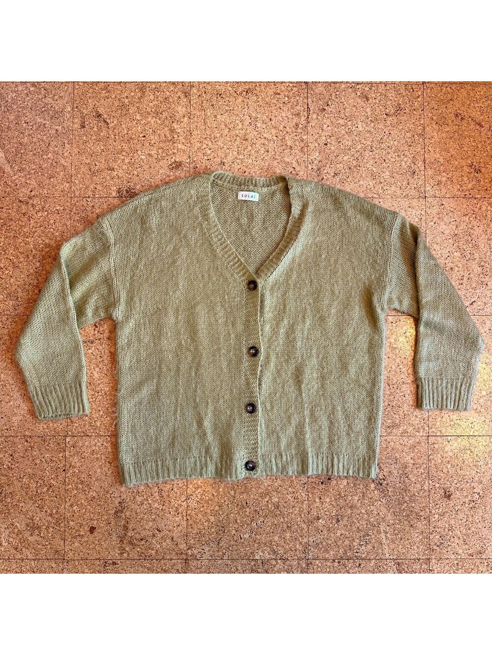 Solai The Label Chartreuse Green Cardigan Women's Large Oversized V-Neck Fuzzy